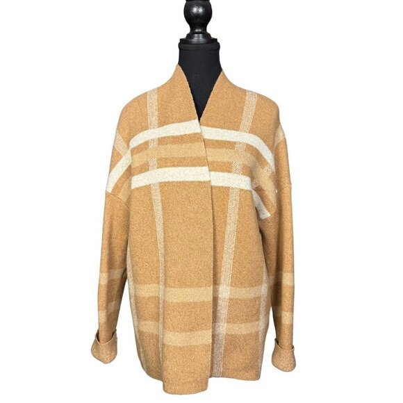 Banana Republic Open-Front Cardigan in Camel and Cream Plaid, Soft & Cozy - Picture 1 of 8